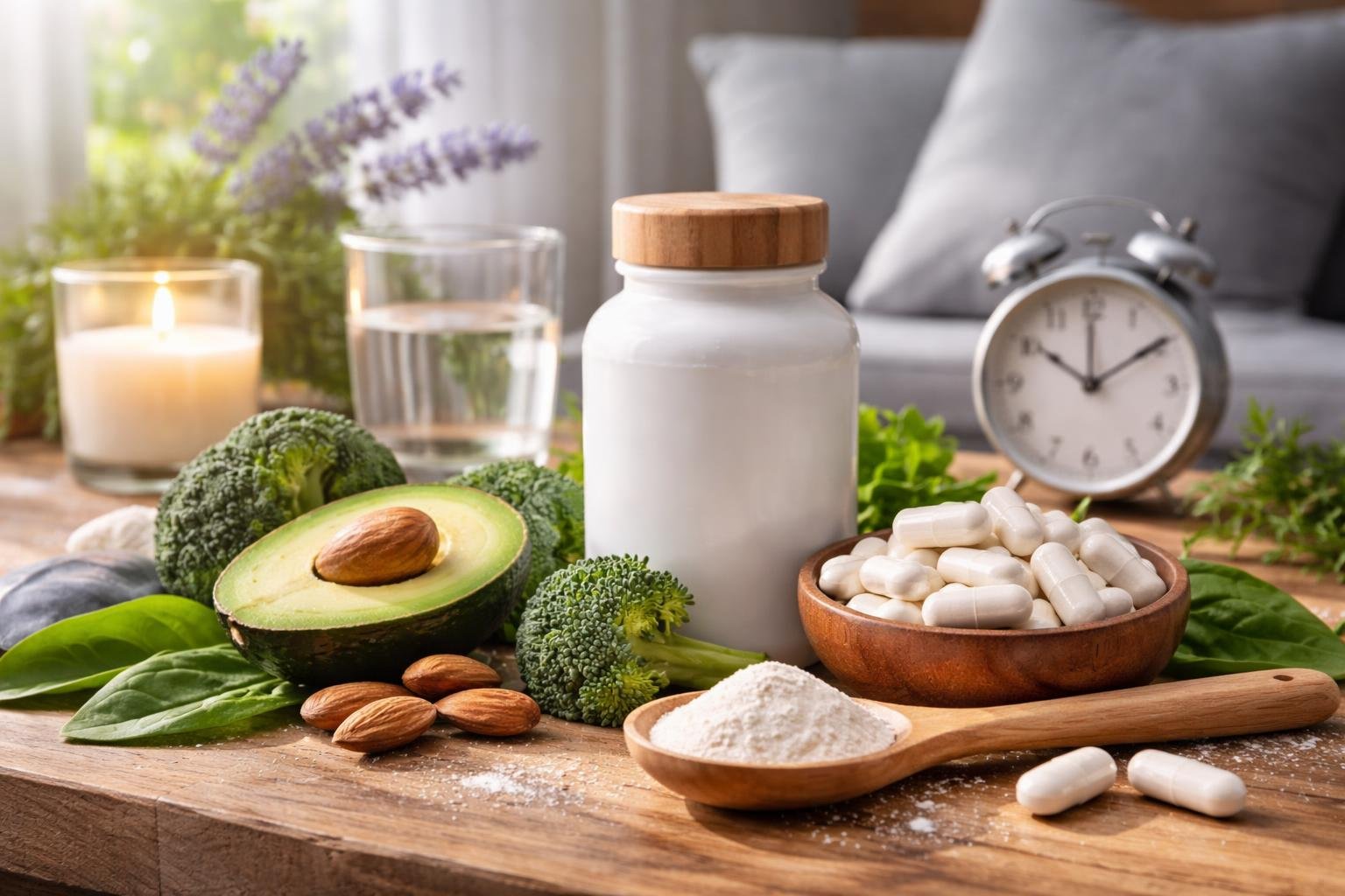 Egészséges ételek és magnézium-citrát kiegészítők egy asztalon.