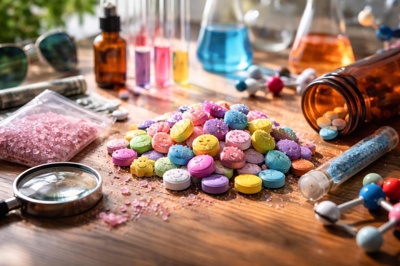 Színes MDMA tabletták, kristályok és laboratóriumi eszközök egy asztalon.