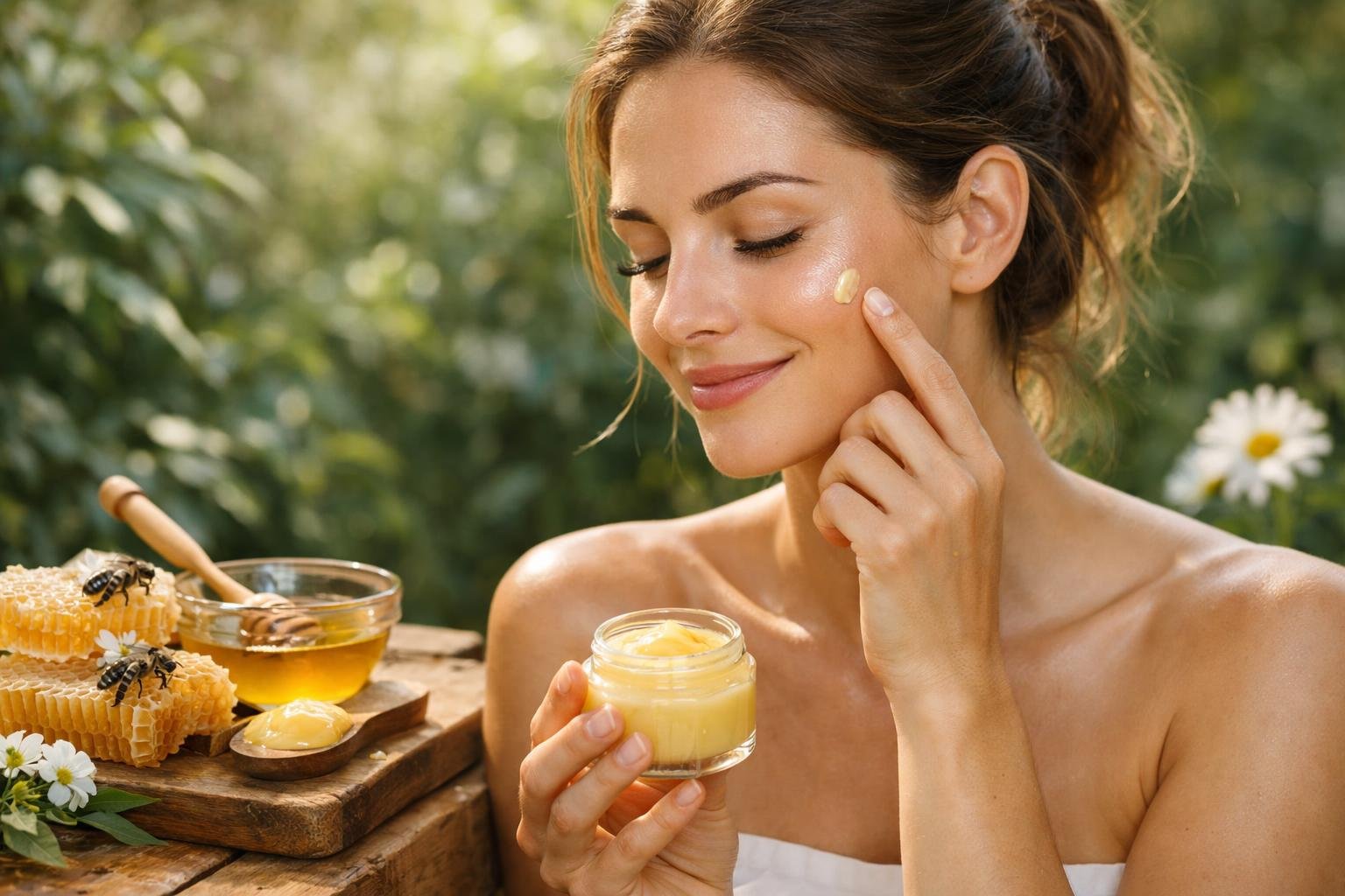 Egy nő méhpempőt alkalmaz az arcán, miközben méz és méhviasz látható mellette.