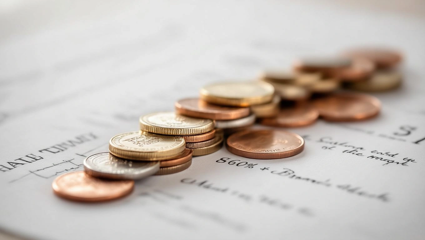 Egy sor érmék látható egy papíron, amely az esküvői költségekre utal.