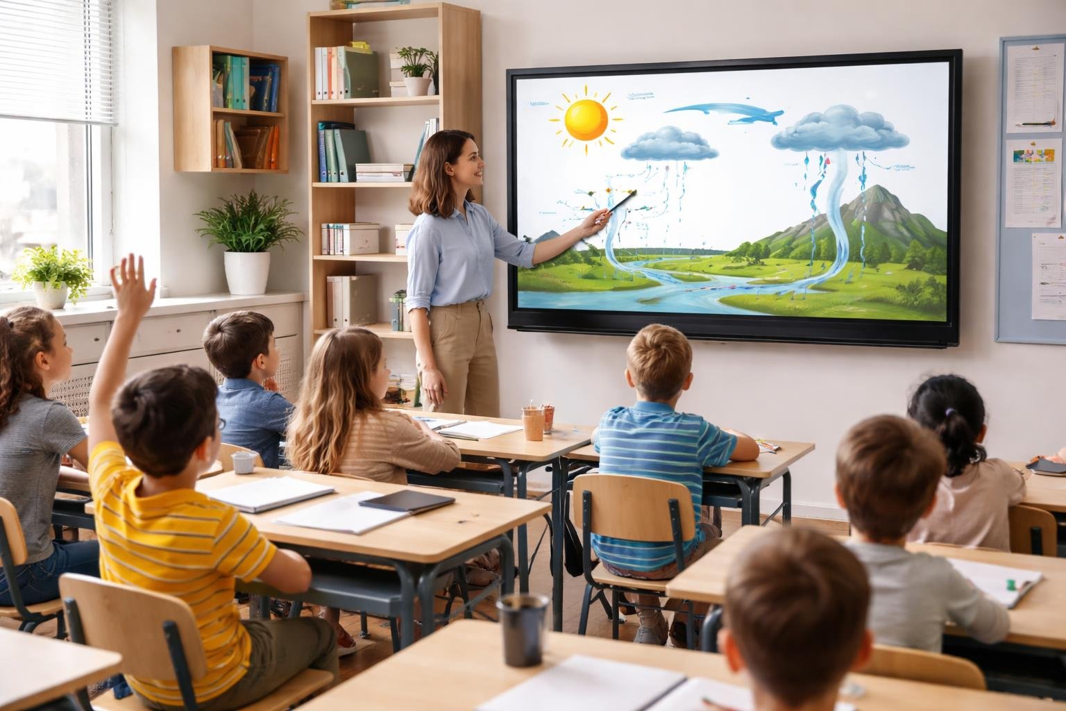 Egy tanár interaktív táblán mutat be egy víz körforgását, miközben a diákok figyelnek.