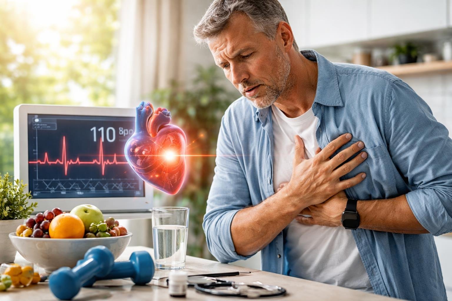 Egy férfi szívműködését figyeli, miközben magas pulzussal küzd.