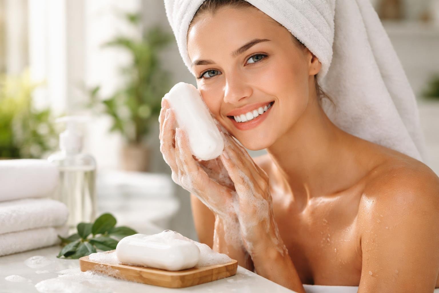 Egy fiatal nő mosakodik, Safeguard szappant tart a kezében, mosolygós arccal.