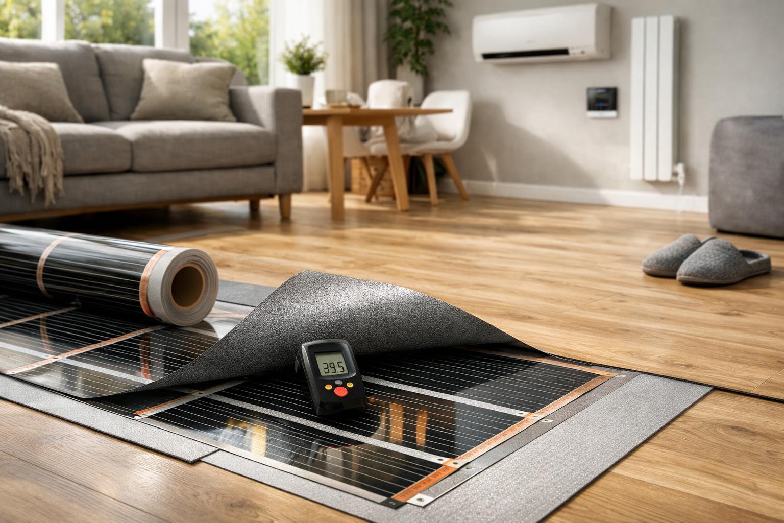 Fűtőfólia rendszer telepítése egy modern nappaliban, hőmérővel.