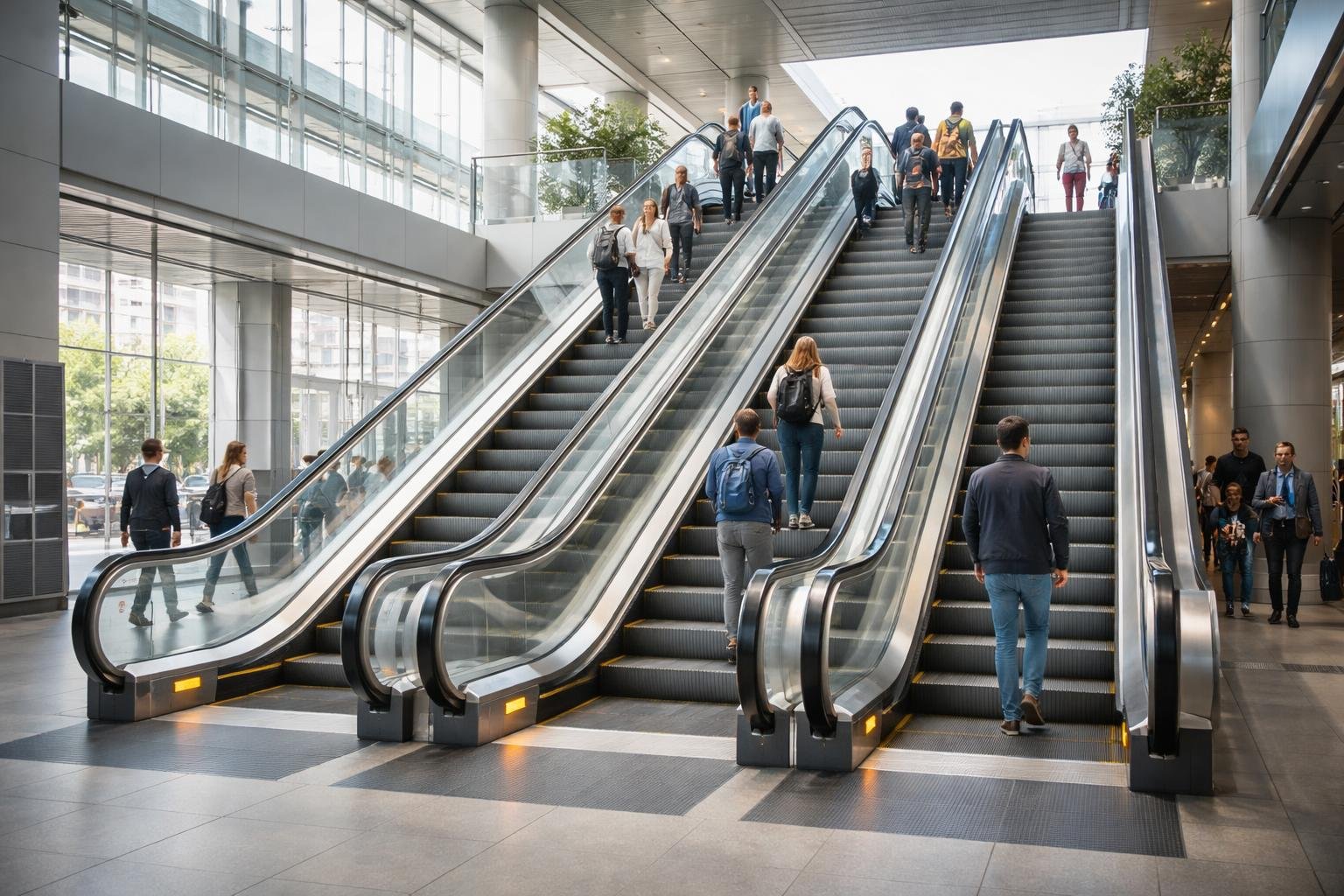Két mozgólépcső egy modern épület belső terében, emberek használják őket.