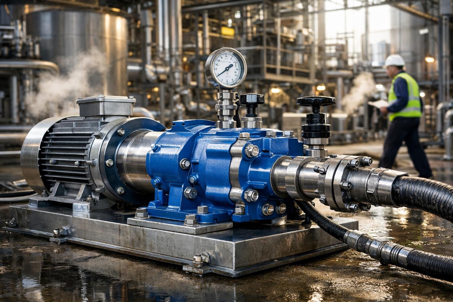 Egy nagy nyomású szivattyú látható, amely ipari környezetben működik.