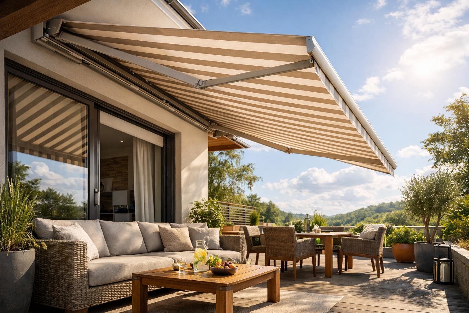 Terasz napellenzővel, kényelmes bútorokkal és zöld növényekkel.