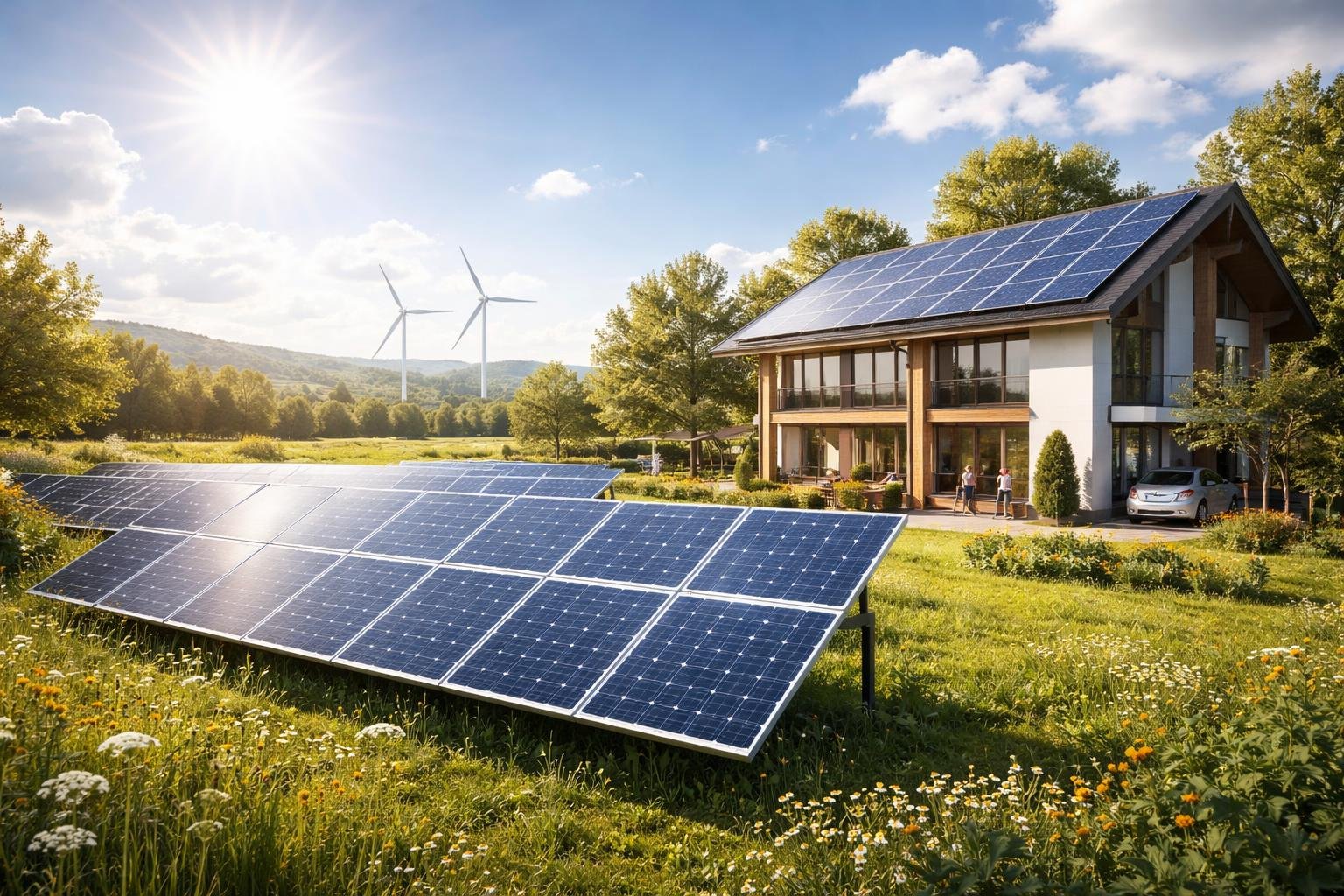 Egy modern ház napkollektorokkal, zöld környezetben és szélerőművekkel.