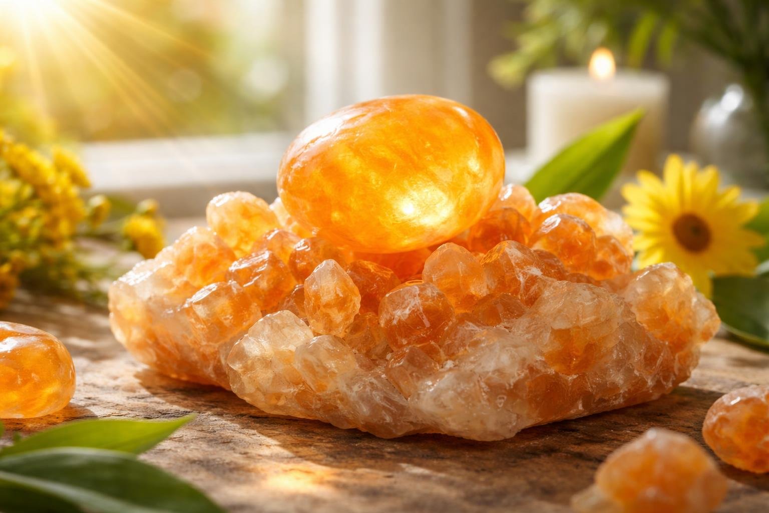Narancssárga narancskalcit kristályok egy fénnyel megvilágított asztalon.