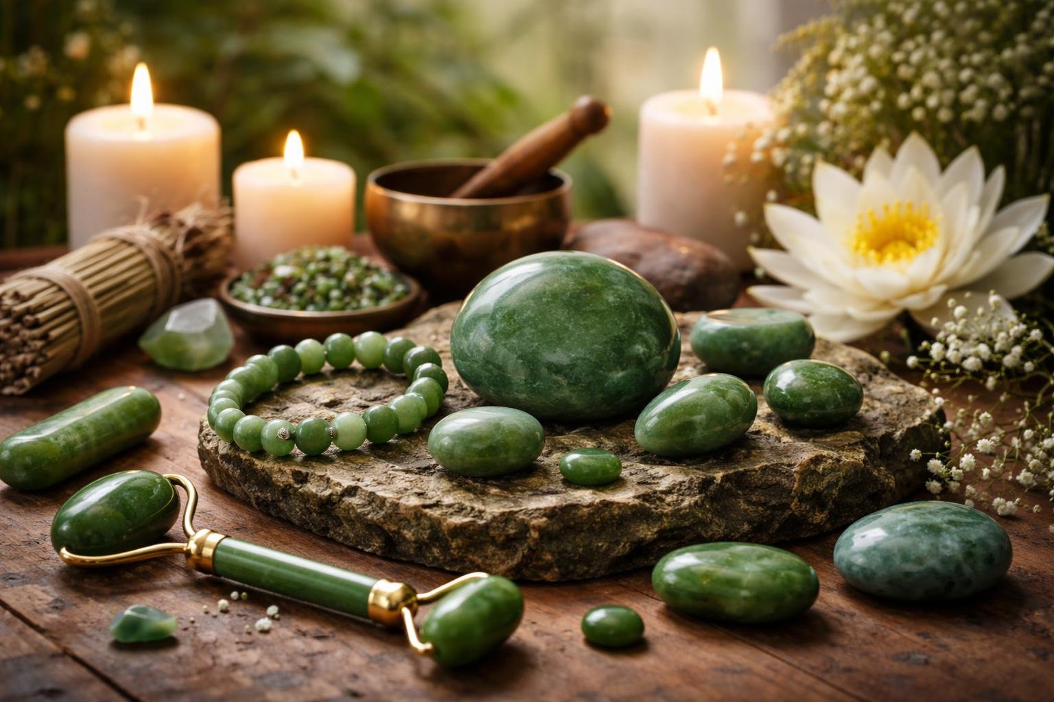 Nefrit ásványok, gyertyák és egy liliom virág díszíti a természetes asztalt.