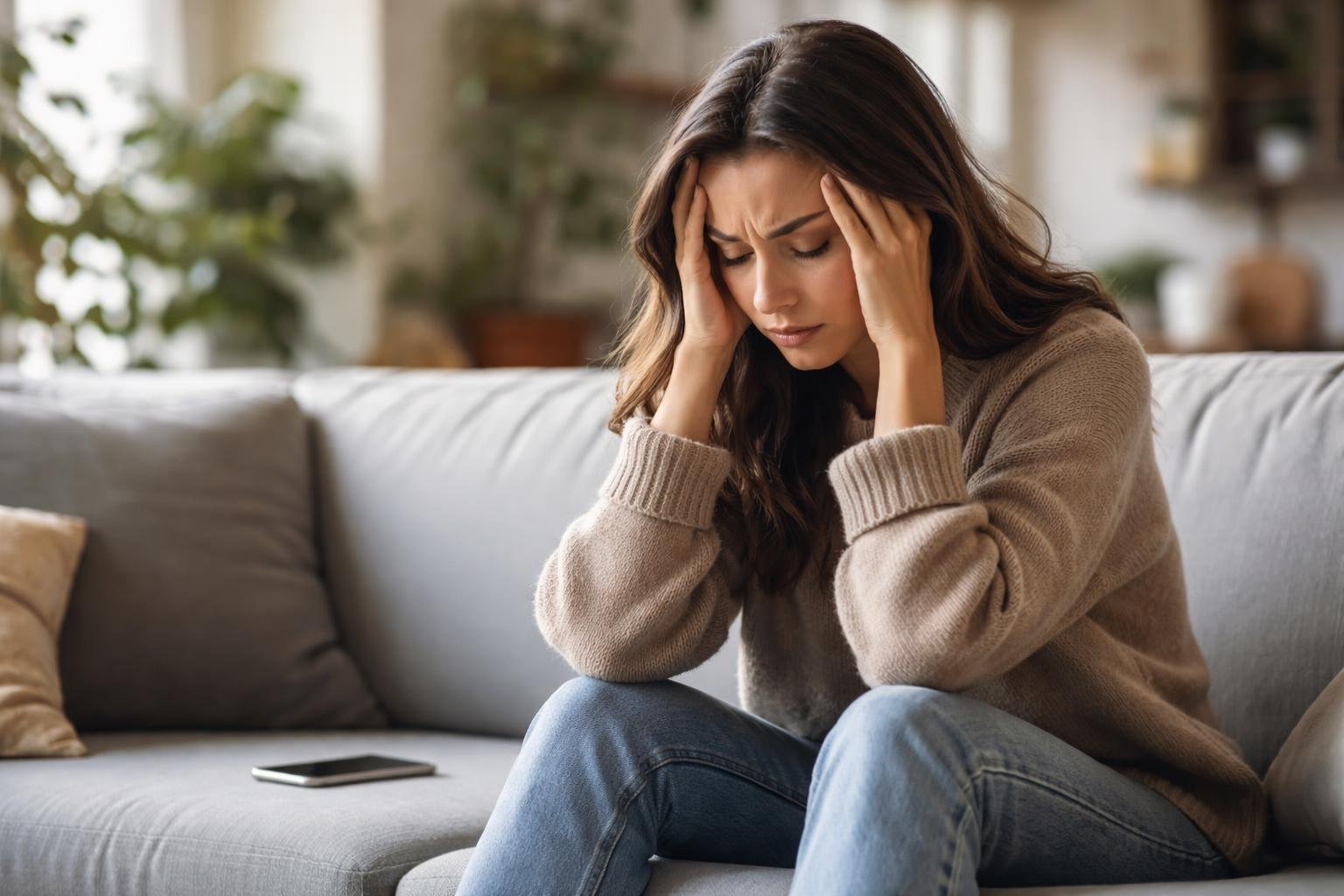 Egy fiatal nő ül a kanapén, kezét a fején tartva, láthatóan stresszes és szorongó.