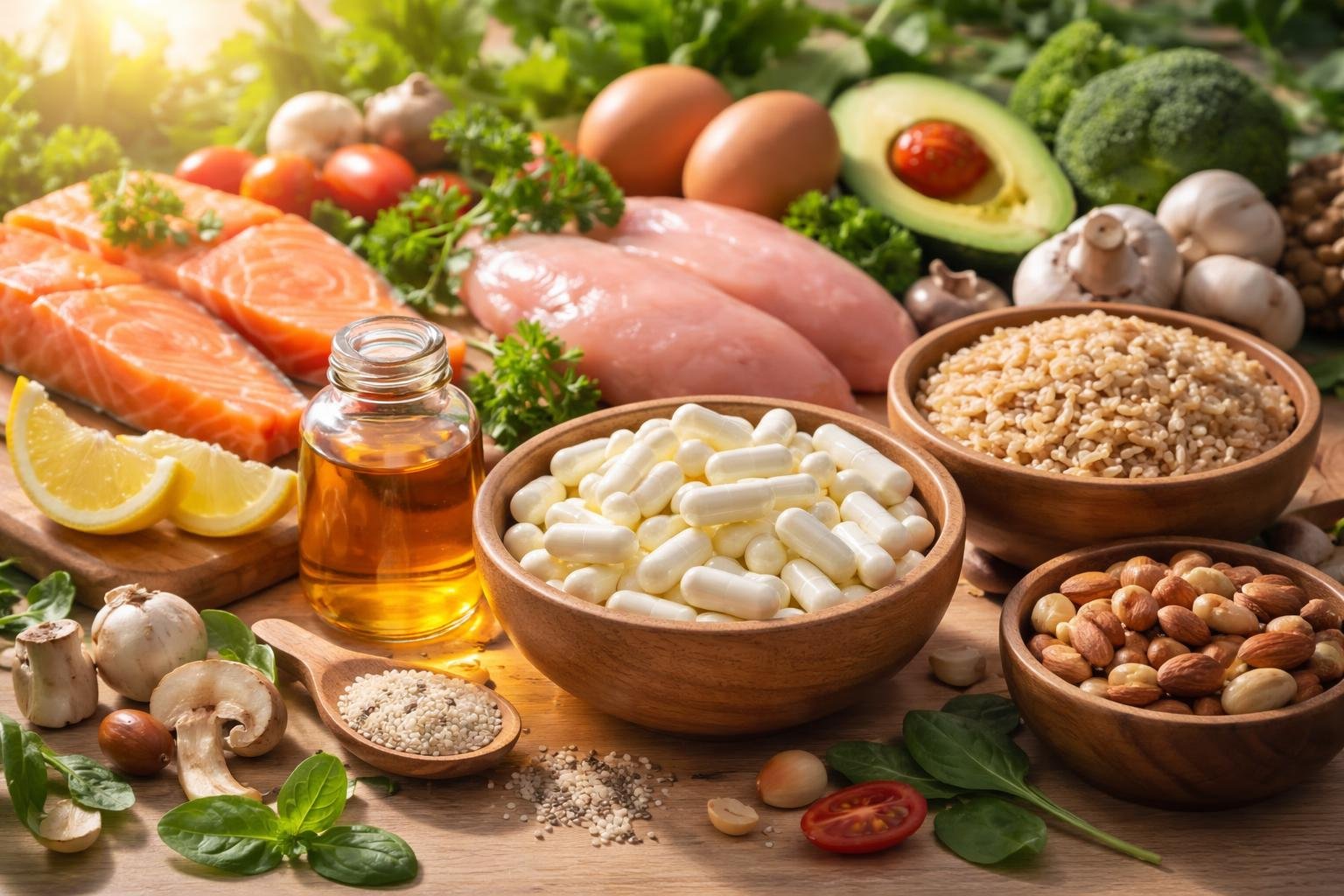 Friss ételek és táplálékkiegészítők, köztük hal, tojás, zöldségek és vitaminok.