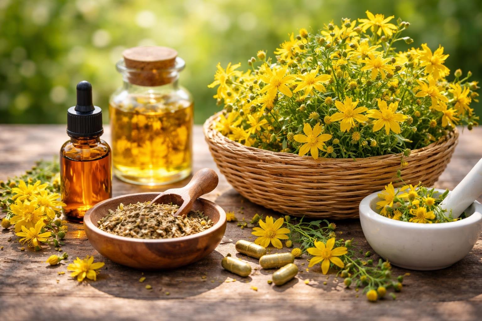 Orbáncfű virágok, olaj és kapszulák egy fából készült asztalon.