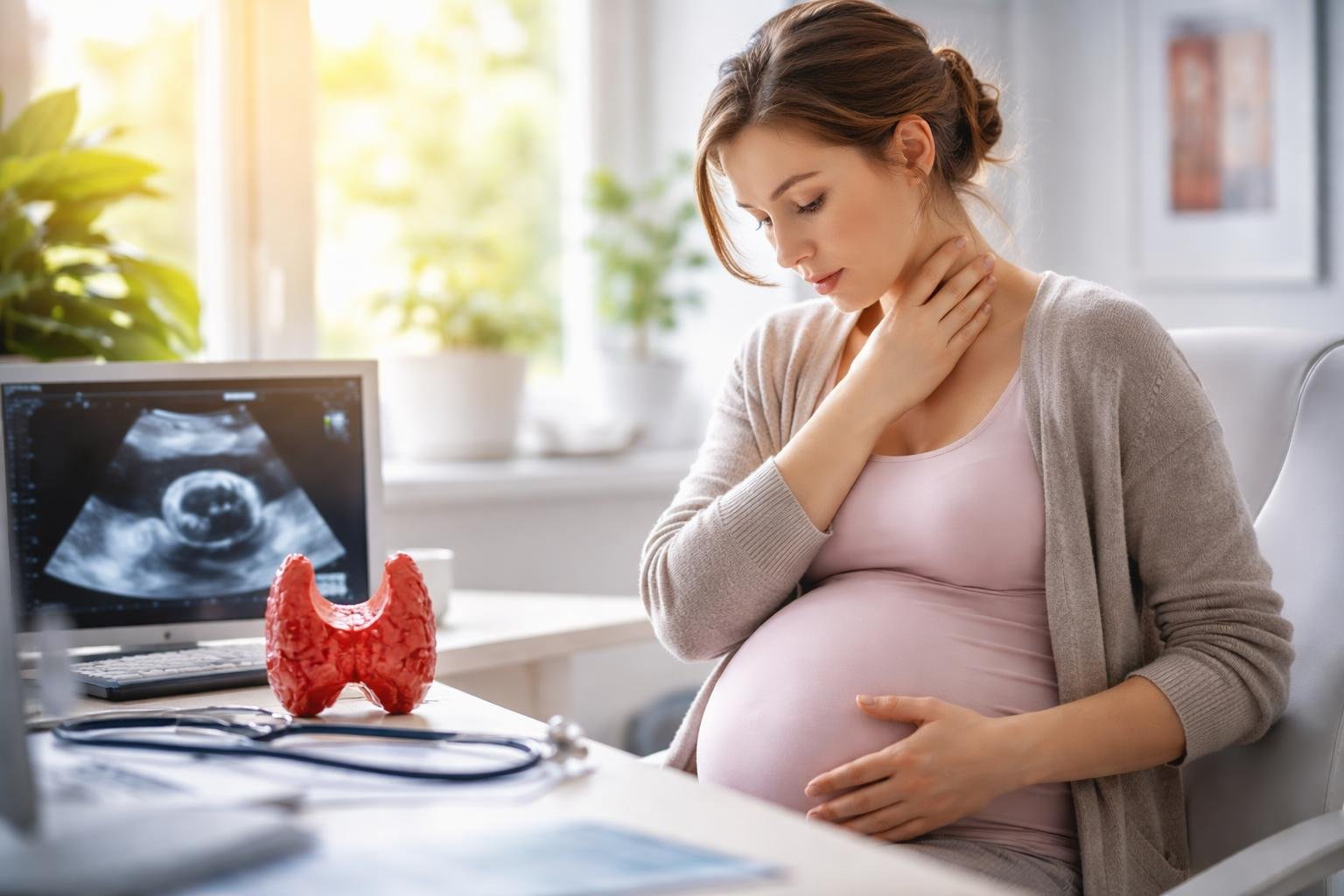 Várandós nő, aki a torkát fogja, miközben ultrahang és pajzsmirigy modell látható.