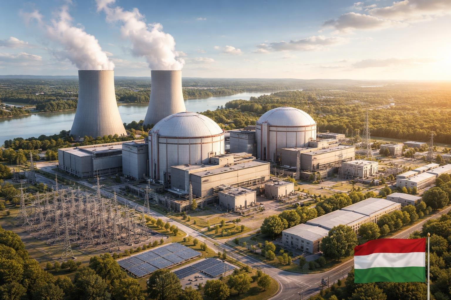 A Paks 2 atomerőmű látképe, gőzfelhőkkel és zöld környezettel.