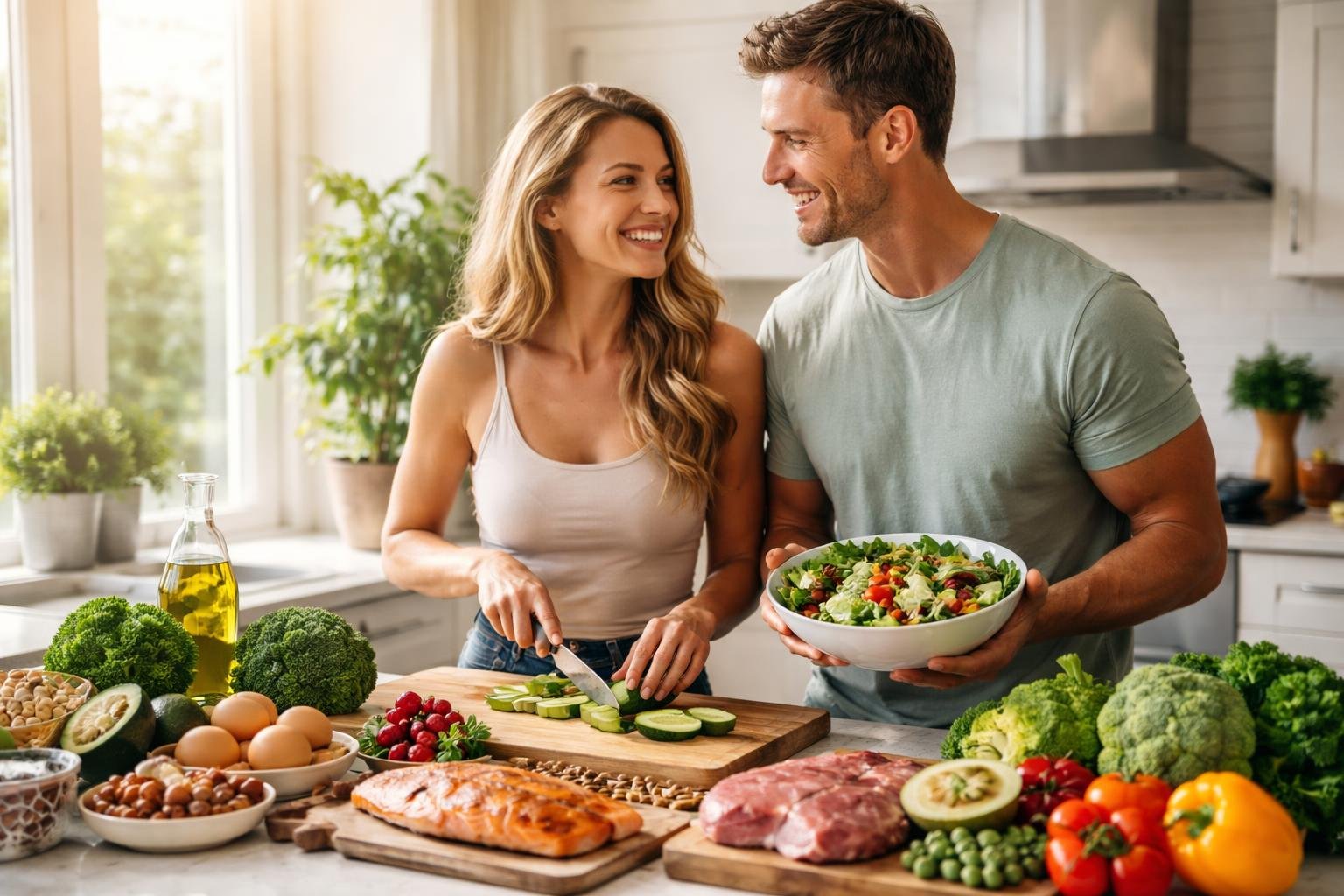 Egy pár a konyhában friss zöldségeket és húst készít elő a paleolit étrendhez.
