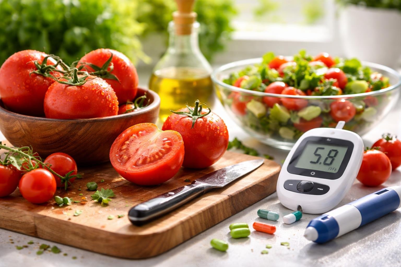 Friss paradicsomok, saláta és vércukormérő egy konyhai asztalon.