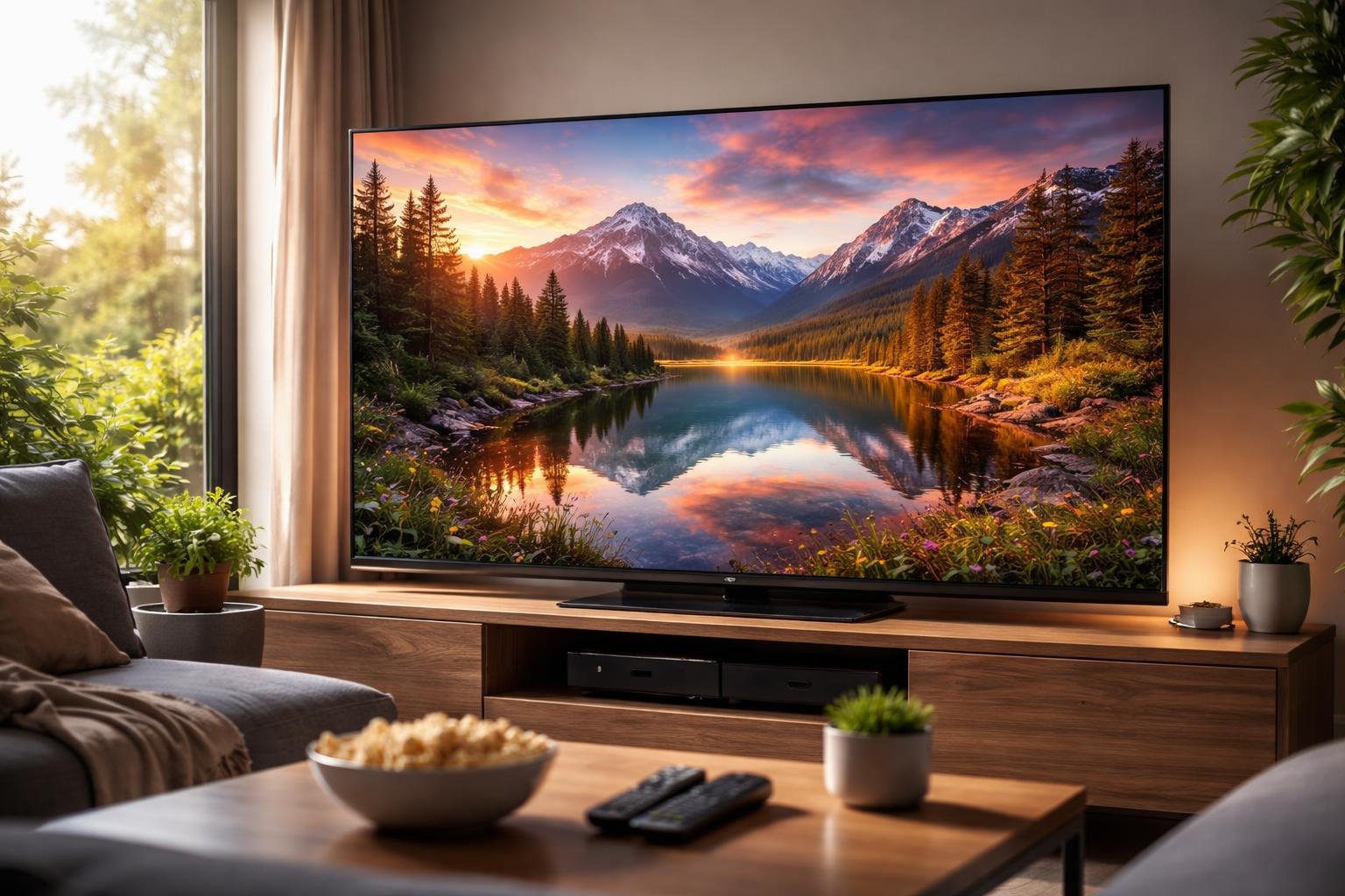 Egy plazma TV, amely gyönyörű tájképet mutat, nappali környezetben.