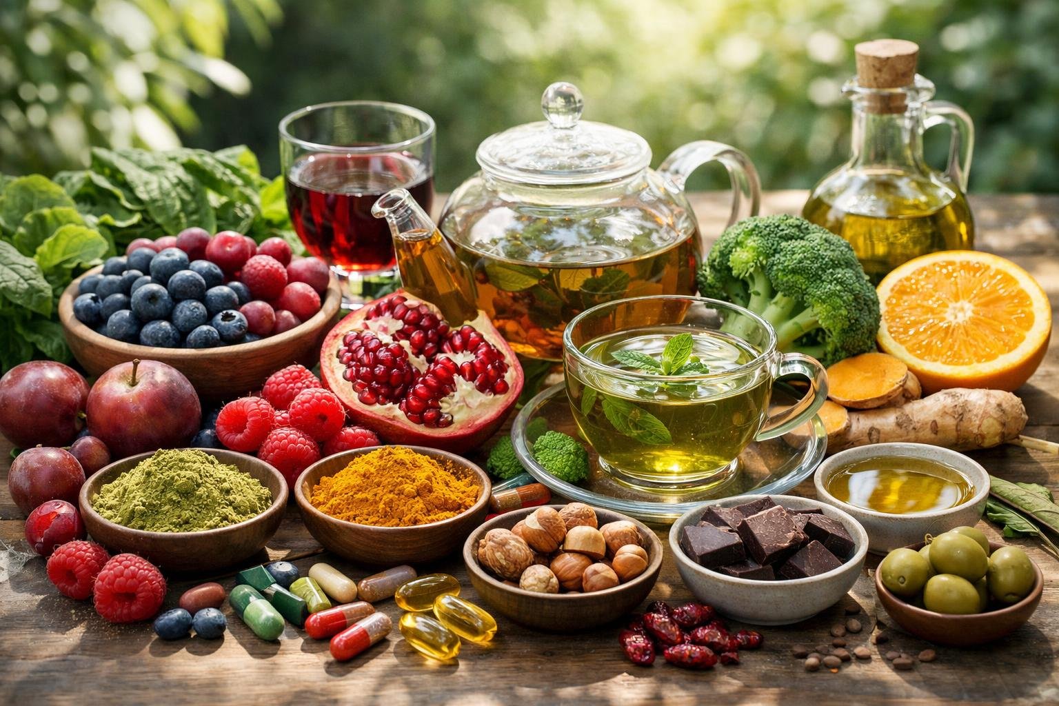 Friss gyümölcsök, zöldségek és gyógynövények gazdag választéka, amelyek polifenolokat tartalmaznak.