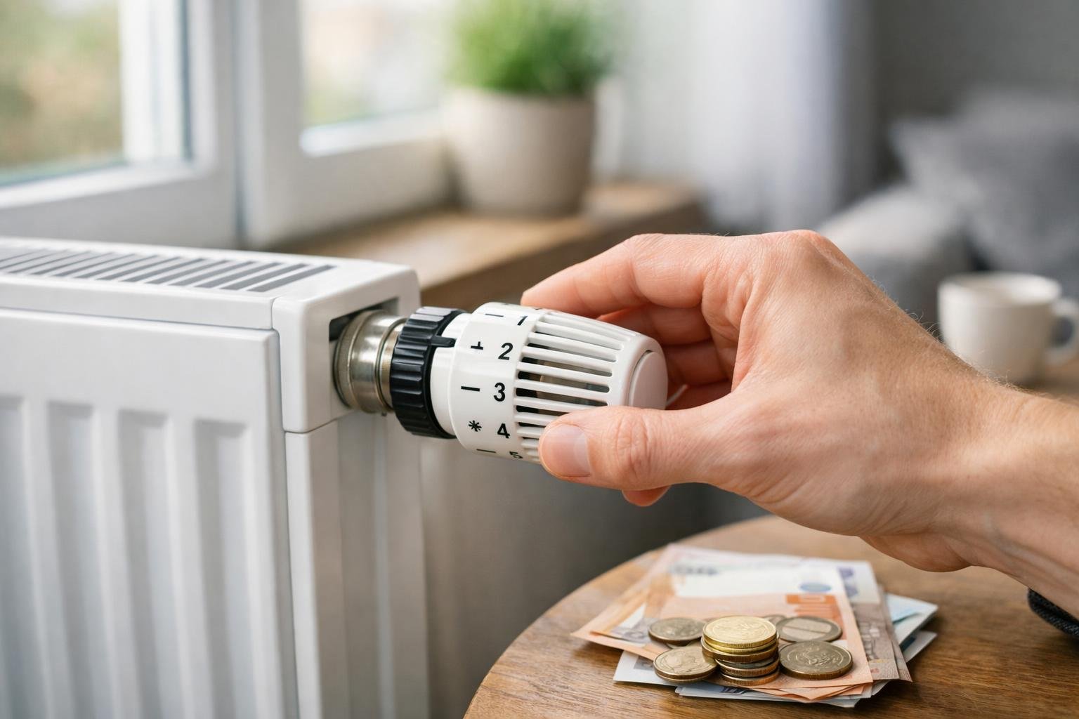 Egy kéz a radiátor hőfokszabályzóját állítja, pénzérmék és bankjegyek mellett.