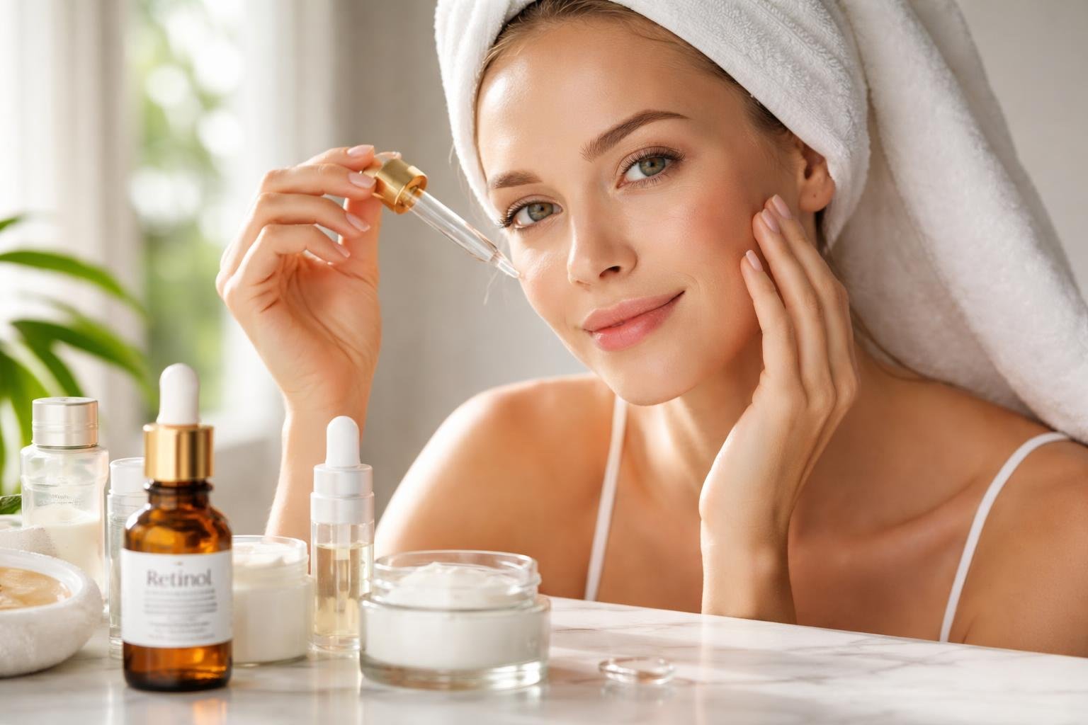 Egy fiatal nő retinolt alkalmaz a bőrápolási rutinjában, körülötte különböző bőrápoló termékek.