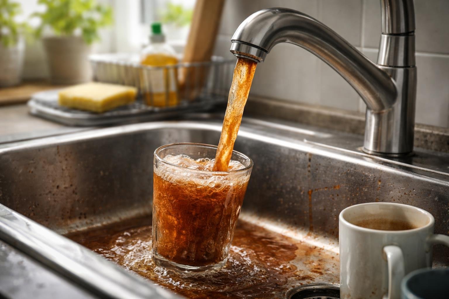 Rozsdás víz folyik a csapból egy pohárba, a mosogatóban szennyezett víz látható.