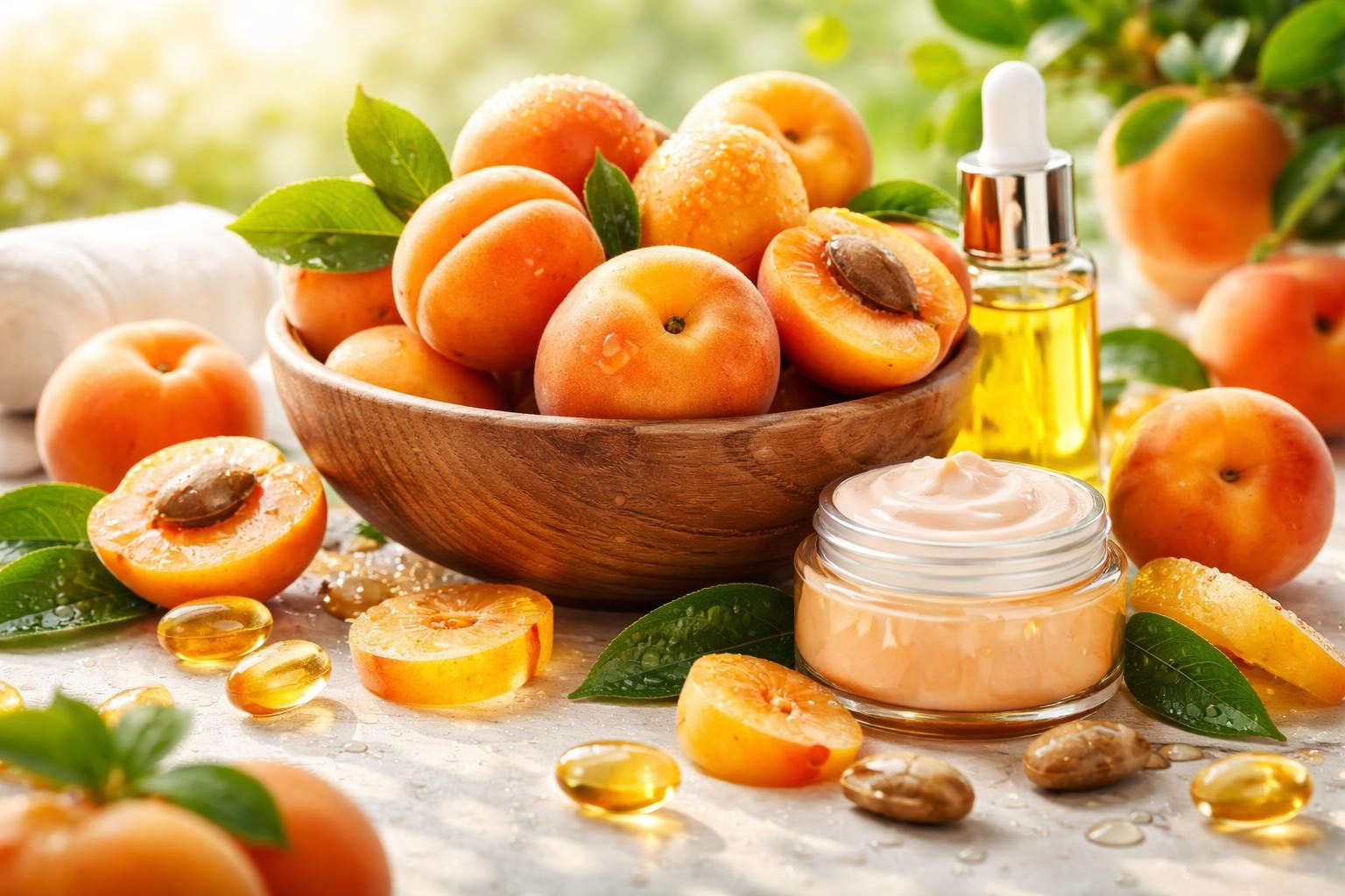 Friss sárgabarackok egy fából készült tálban, mellette bőrápoló krém és olaj.