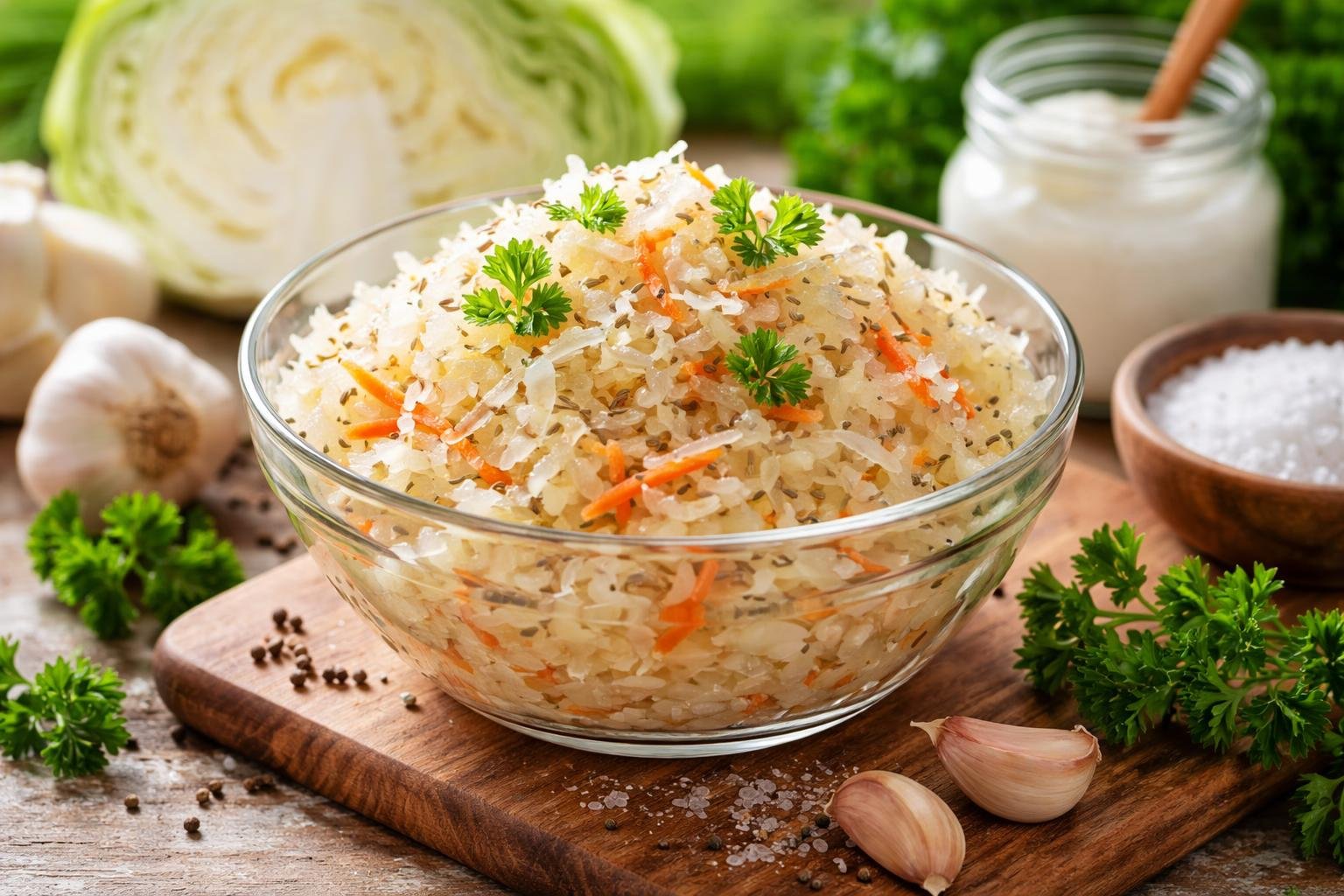 Friss savanyú káposzta tálban, fokhagymával és fűszernövényekkel díszítve.