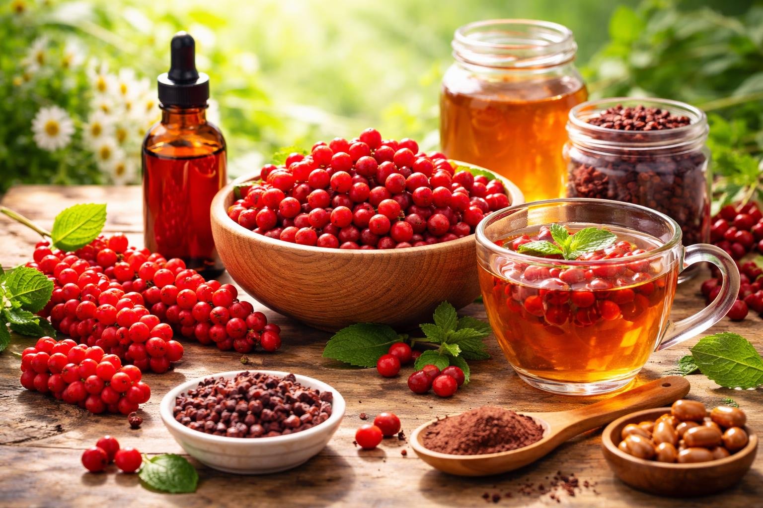 Friss schizandra bogyók, tea és olaj üvegek egy asztalon, természetes környezetben.