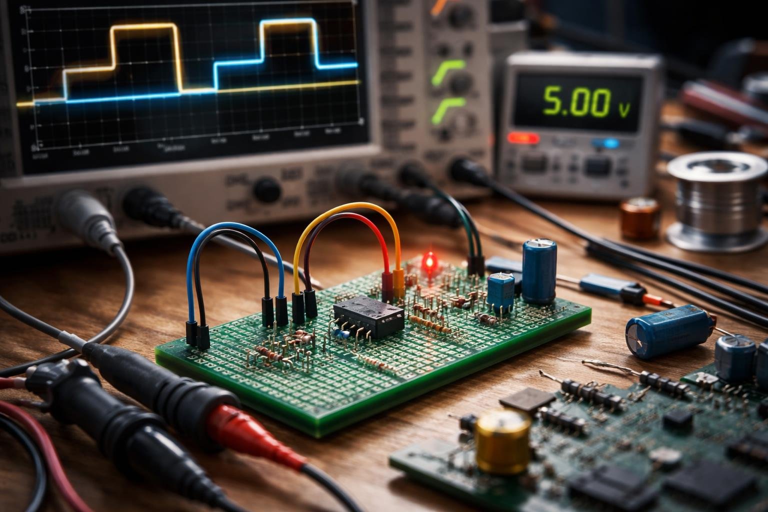 Egy Schmitt-trigger áramkör, amely analóg jeleket alakít át digitális impulzusokká.