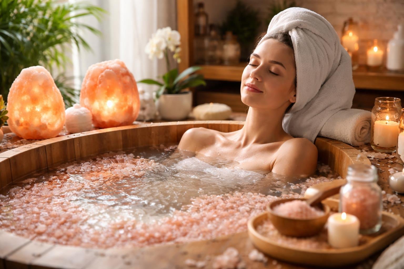 Egy nő relaxál egy fából készült fürdőkádban, rózsaszín sóval körülvéve.