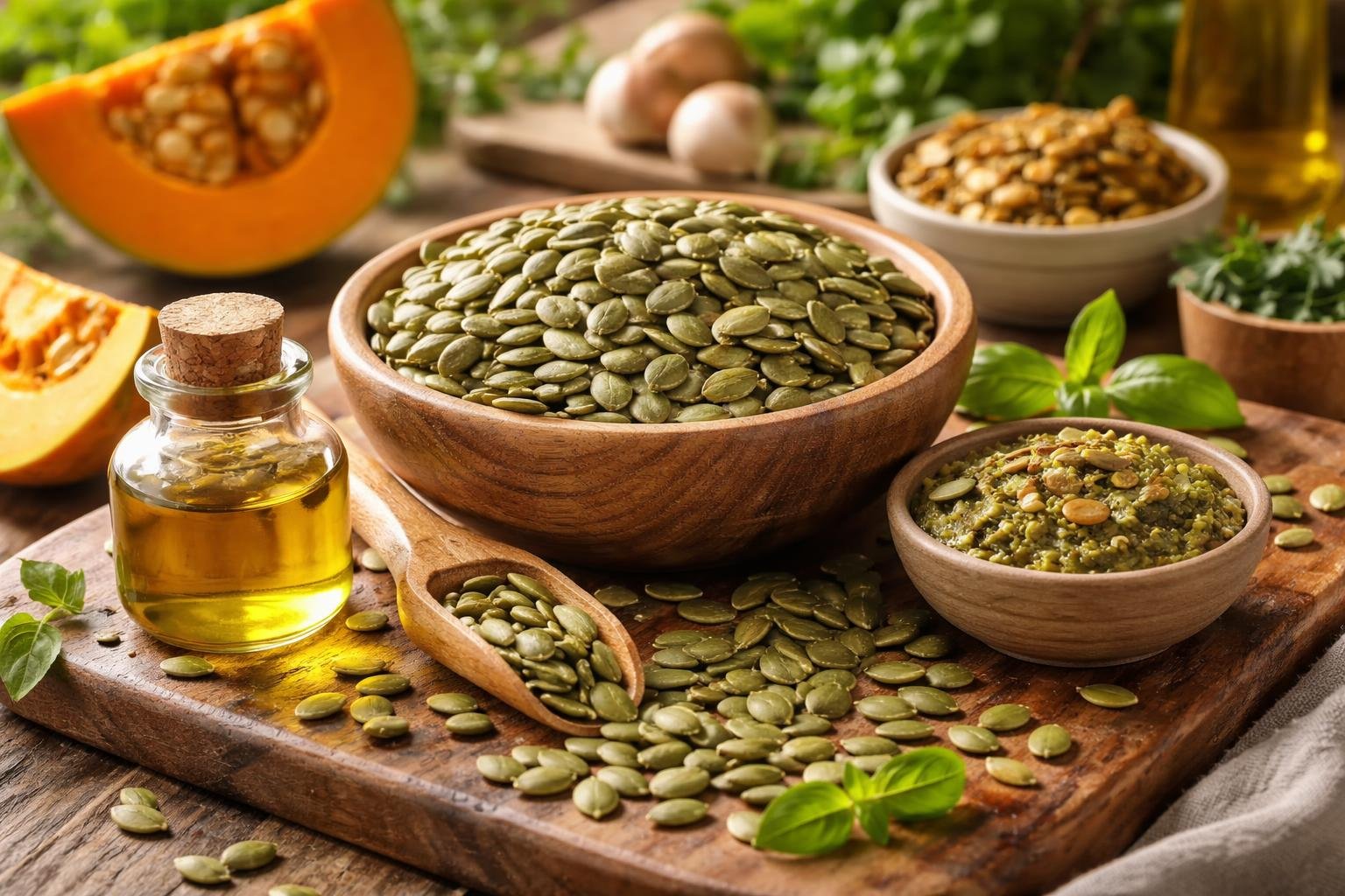 Sütőtök magok, olaj és pesto egy fából készült tálcán, friss fűszerekkel.