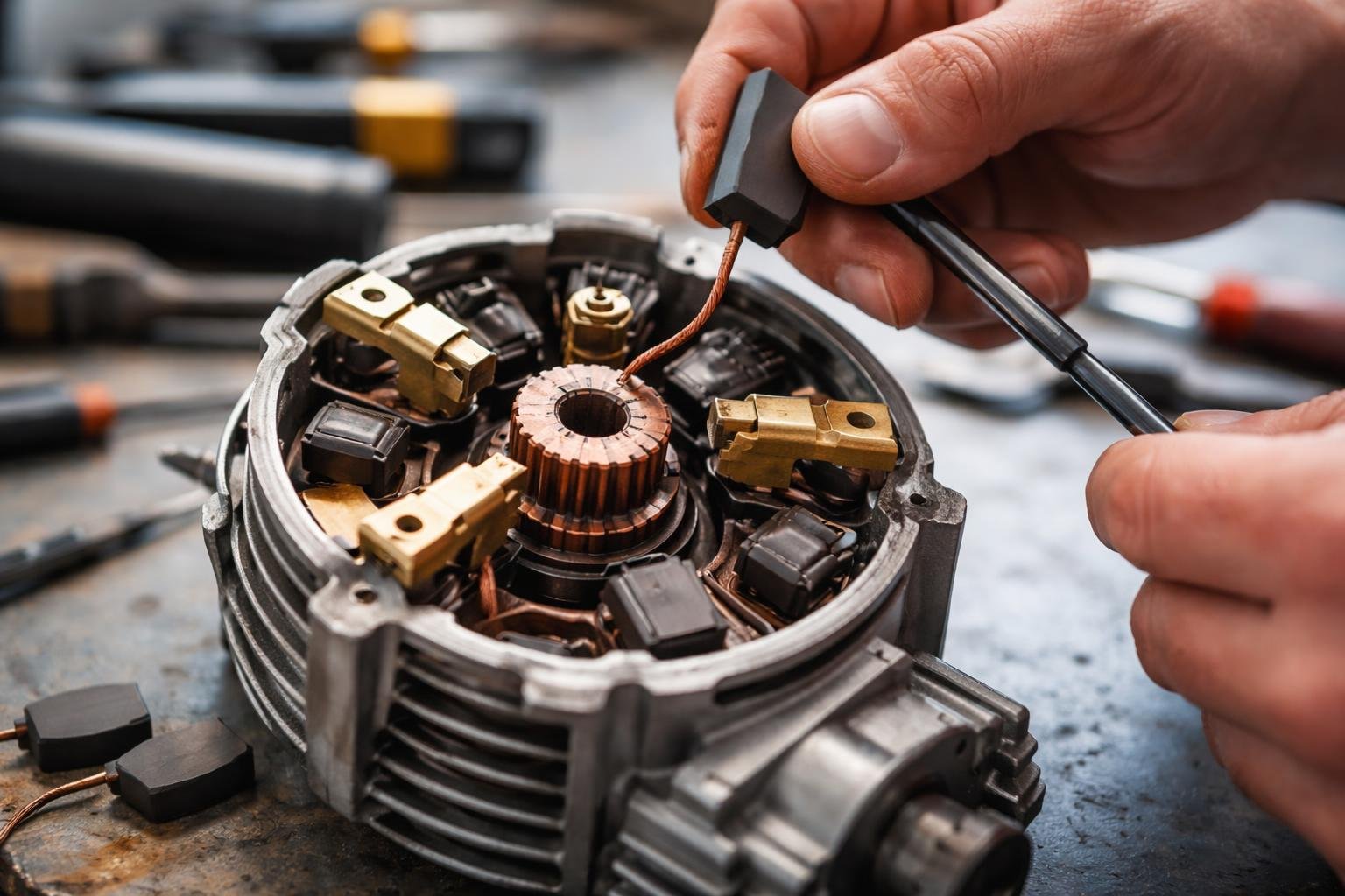 Kéz tart egy szénkefét, miközben villamos motor belsejét szereli.