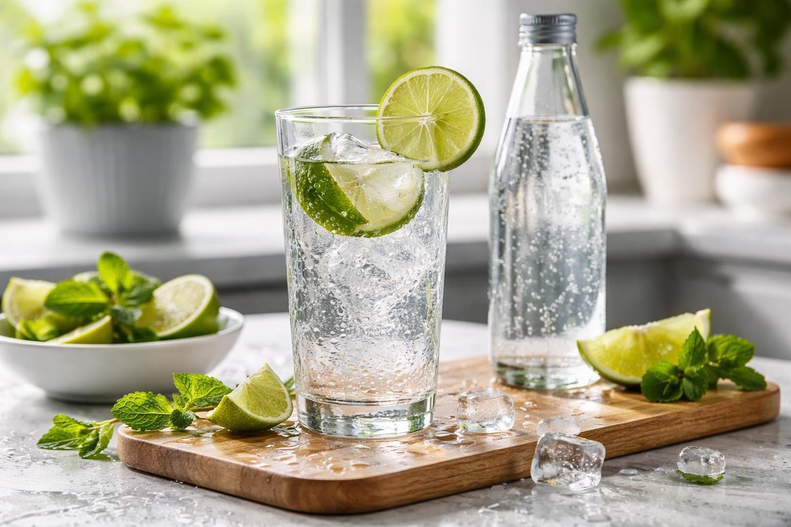 Frissítő szénsavas víz lime szeletekkel és mentalevelekkel egy fából készült deszkán.