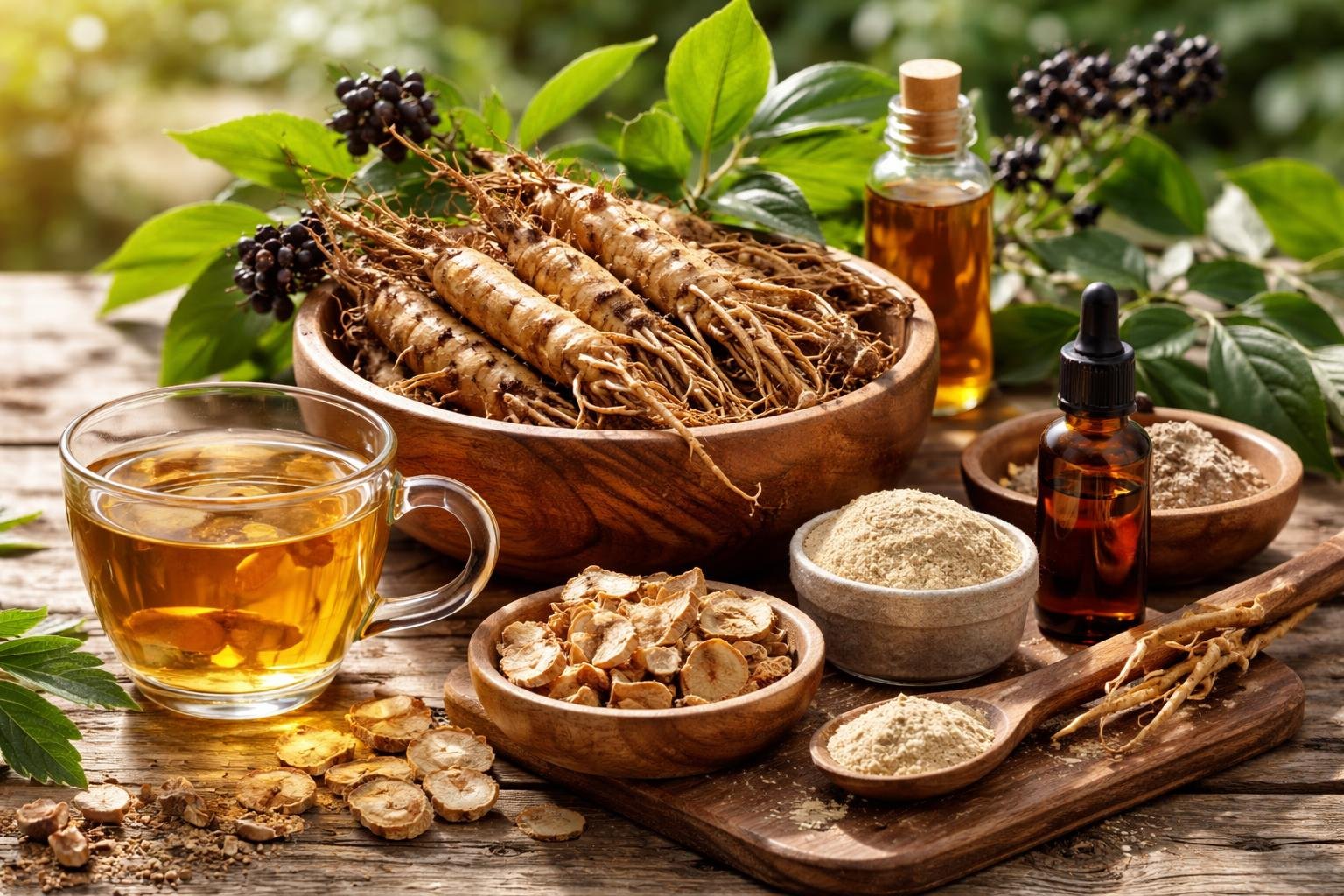 Szibériai ginzeng gyökerek, tea és olajok egy fából készült tálban.