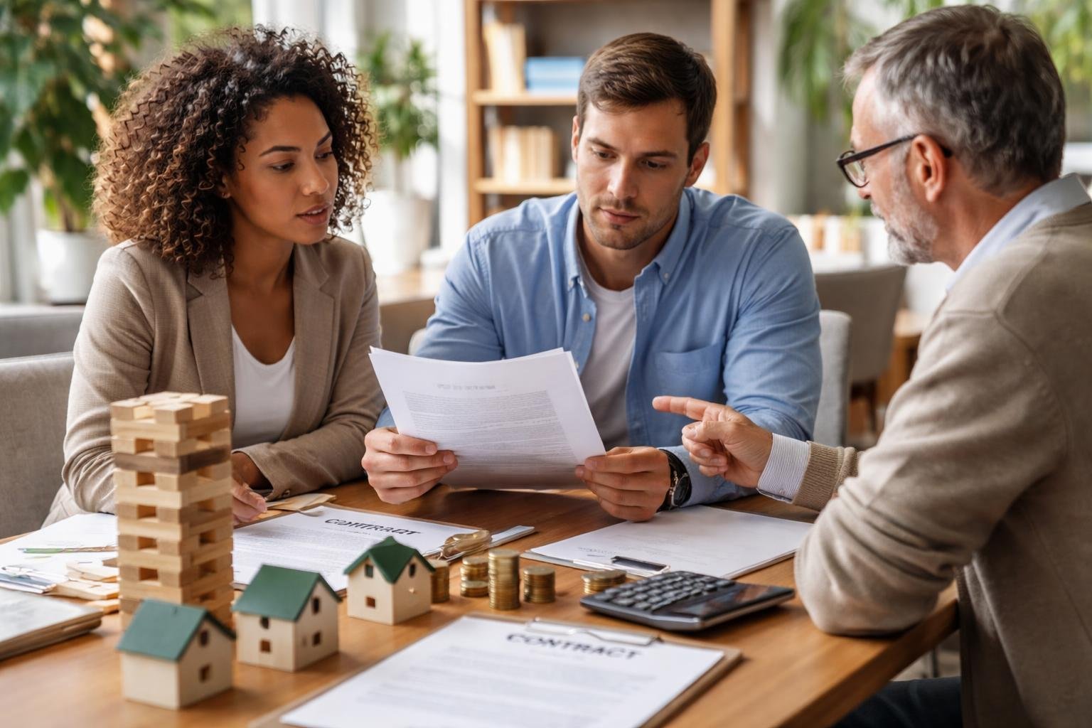 Három ember egy szövetkezeti szerződést tanulmányoz, figyelmesen beszélgetve.