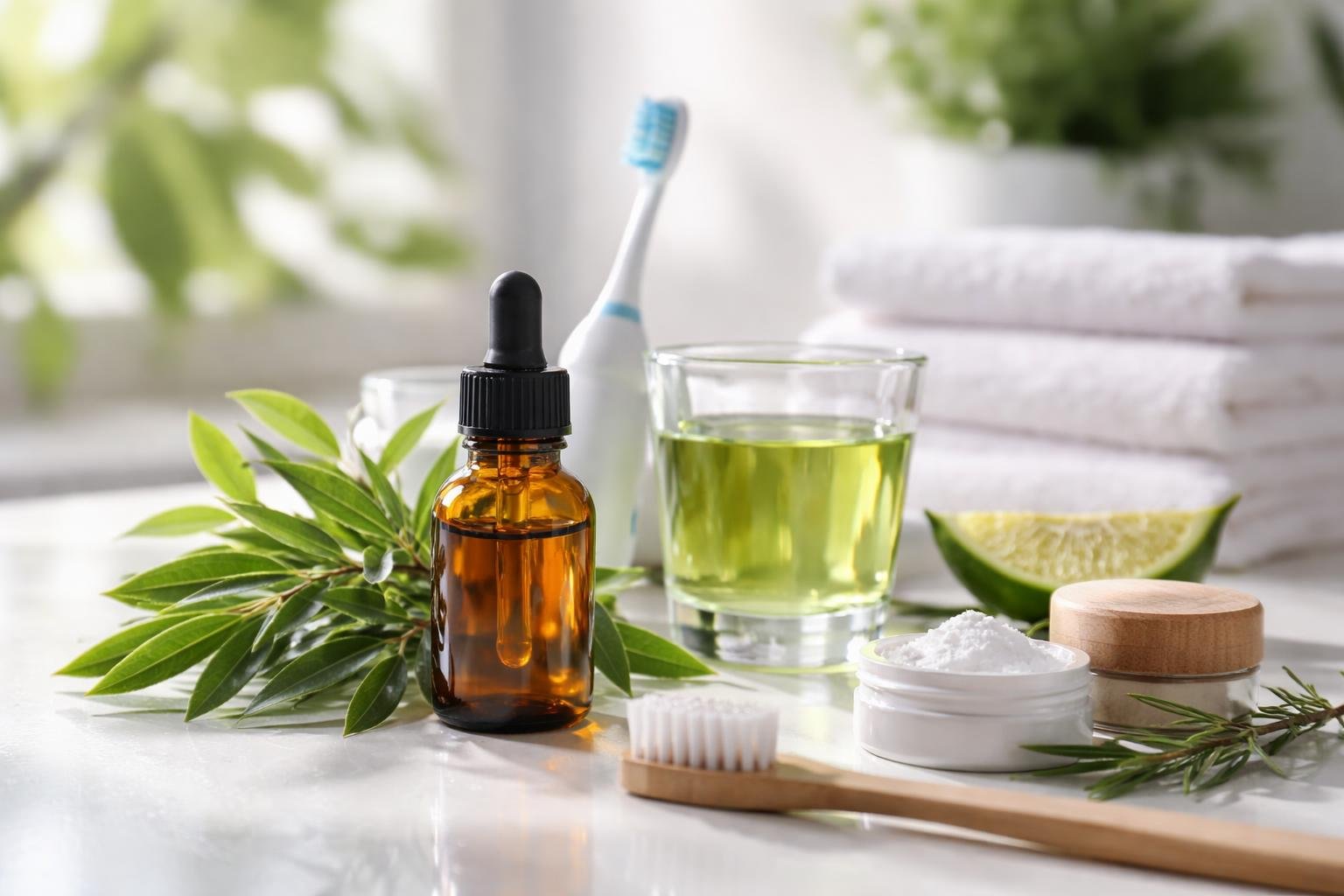 Teafaolaj, fogkefe és szájápolási termékek egy asztalon, friss zöld levelekkel.