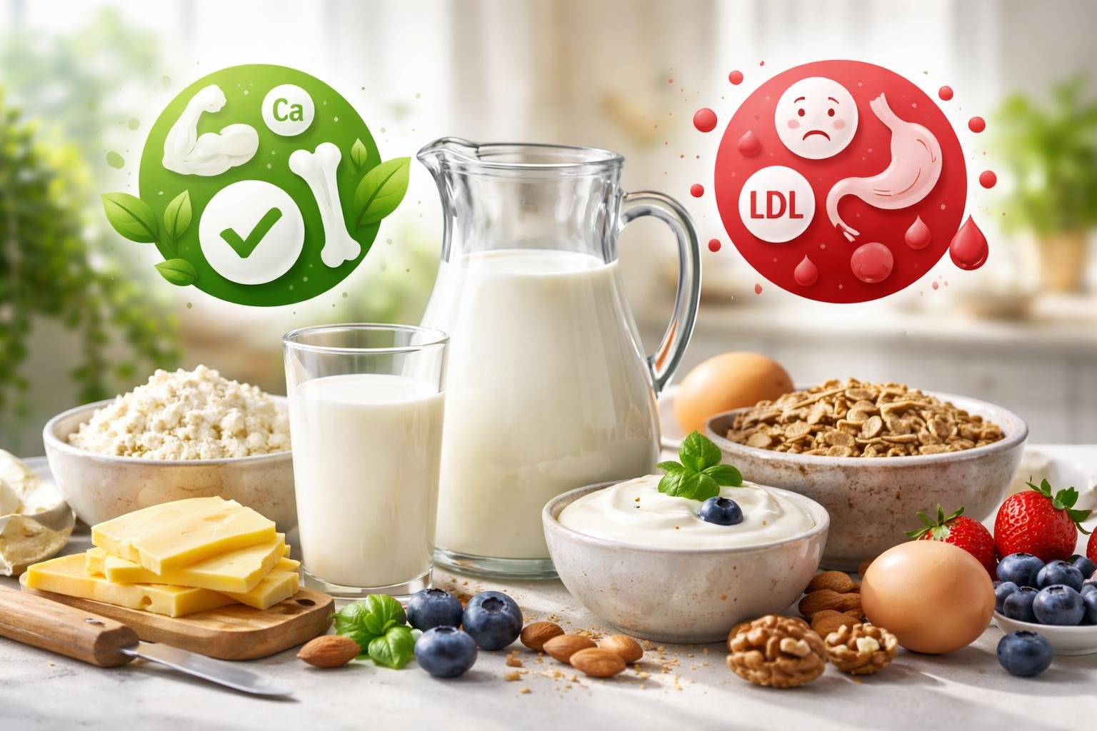 Tejtermékek, mint a joghurt, sajt és tej, tápanyagokkal teli asztalon.