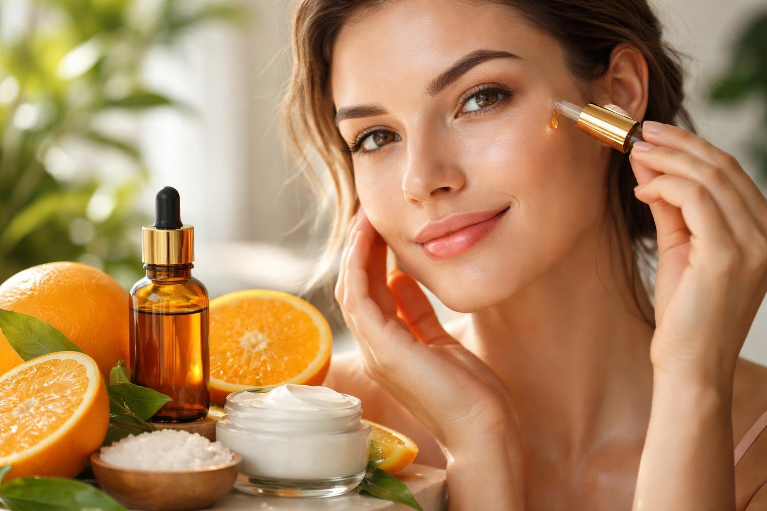 Egy fiatal nő narancs illóolajat alkalmaz az arcán, körülötte friss narancsok és bőrápoló krém.