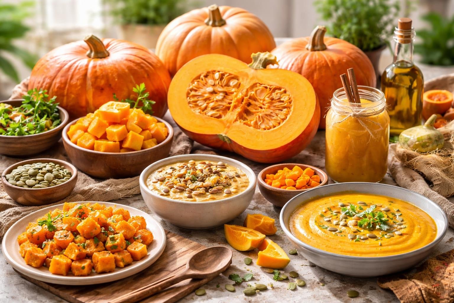 Friss tökök és különböző tök alapú ételek, mint leves és saláta.