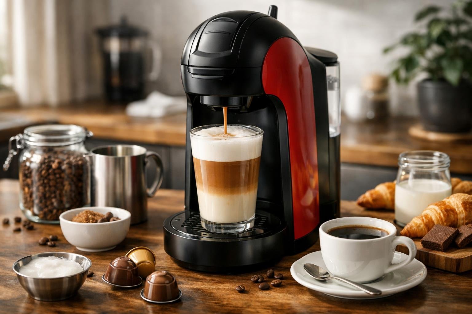 Dolce Gusto kávéfőző, frissen készült kávé és kiegészítők egy asztalon.