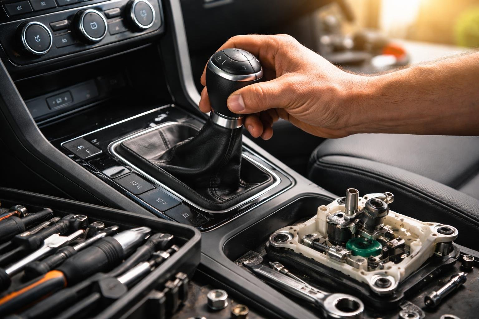 Egy kéz éppen váltókulisszát használ egy autó belső terében, szerszámokkal körülvéve.