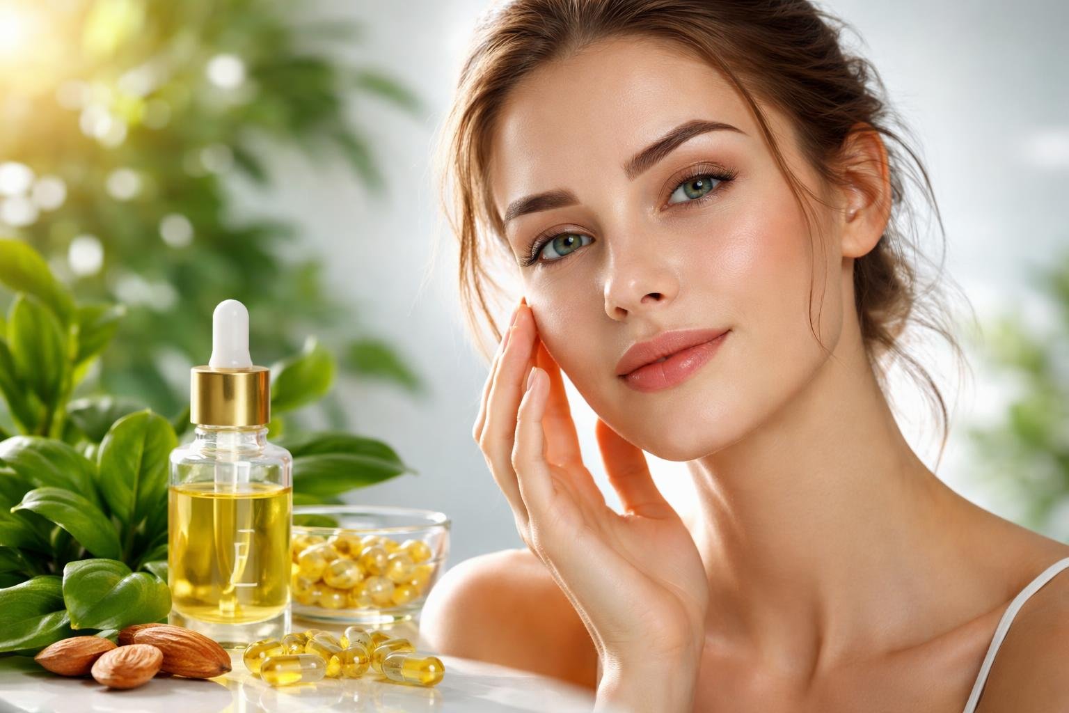 E-vitaminos arcbőrápoló olaj és kapszulák, fiatal nő használja.