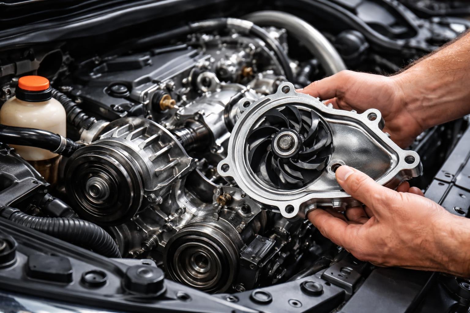 Autó motorjában lévő vízpumpa, amelyet éppen szerelnek.