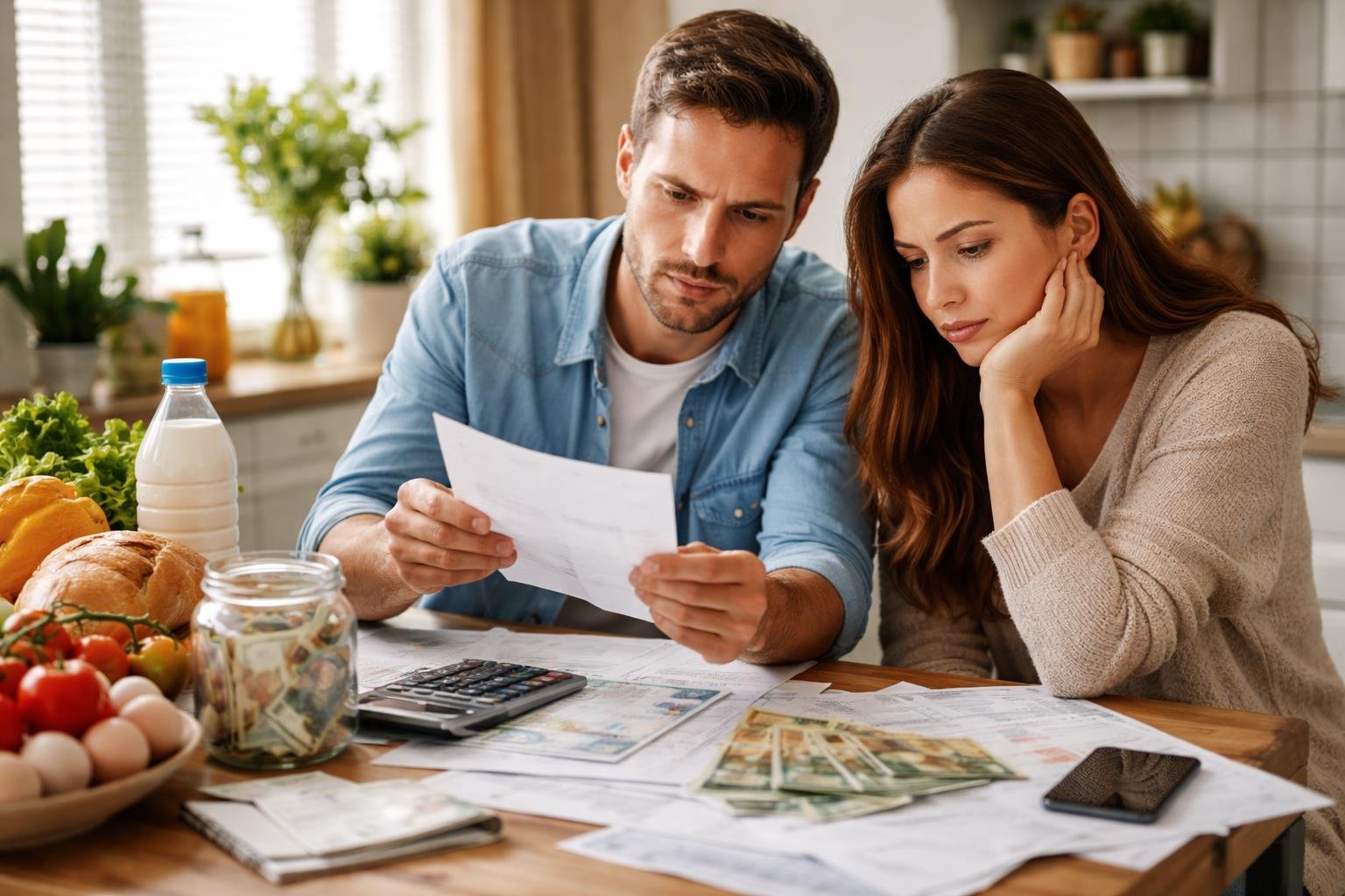 Egy pár pénzügyi dokumentumokat néz át, miközben élelmiszerek és pénz látható az asztalon.