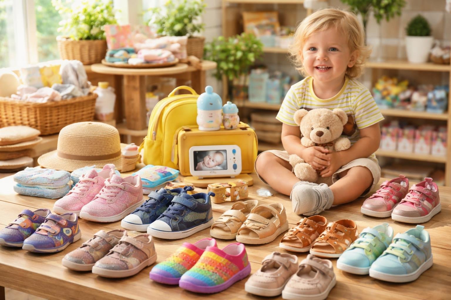 Egy kisgyerek ül a padlón, körülötte színes cipők és kiegészítők találhatók.