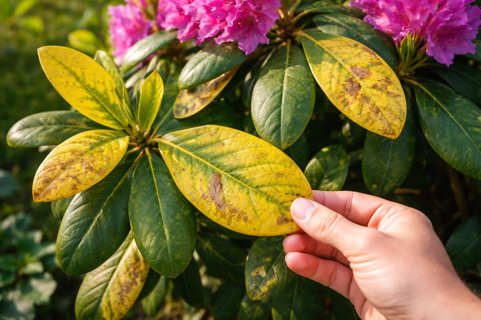 Sárguló rododendron levél, amelyet egy kéz tart, zöld levelek között.